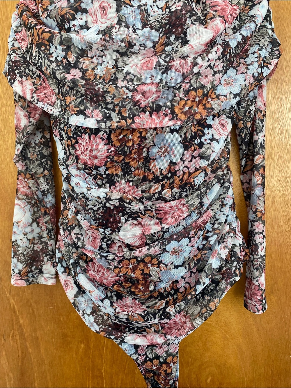 Floral Draped Long-Sleeve Bodysuit in Pink & Blue